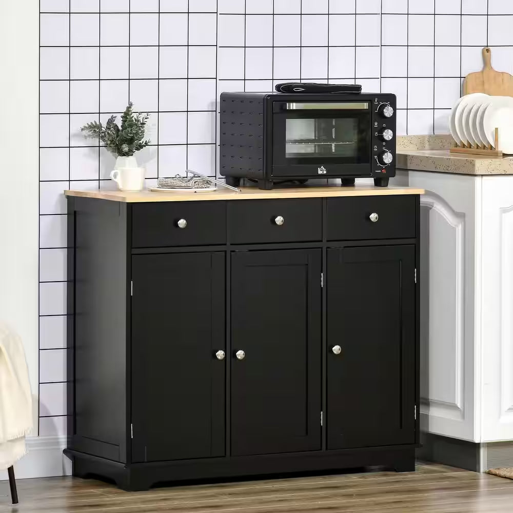 Modern Black Sideboard with Rubberwood Top and Drawers
