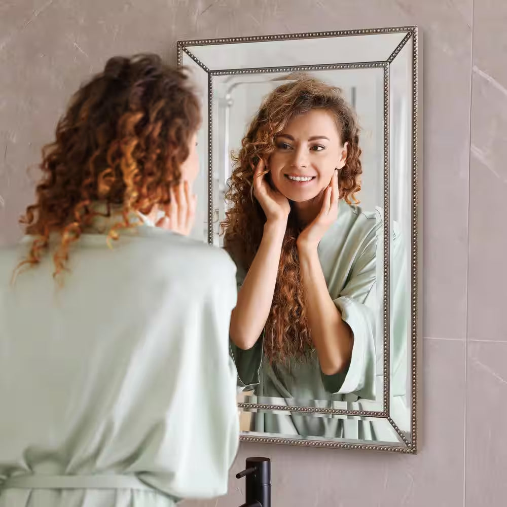 20 In. W X 32 In. H Framed Rectangular Beveled Edge Bathroom Vanity Mirror in Champagne Silver