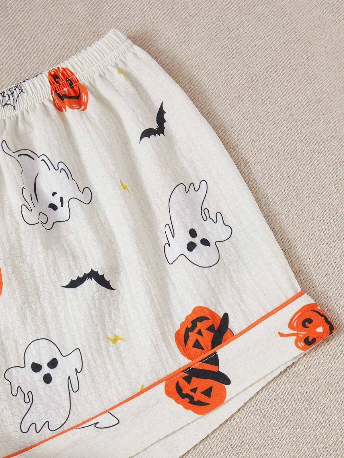 Halloween Pumpkin & Bat Print Lapel Short Sleeve Sleepwear Set