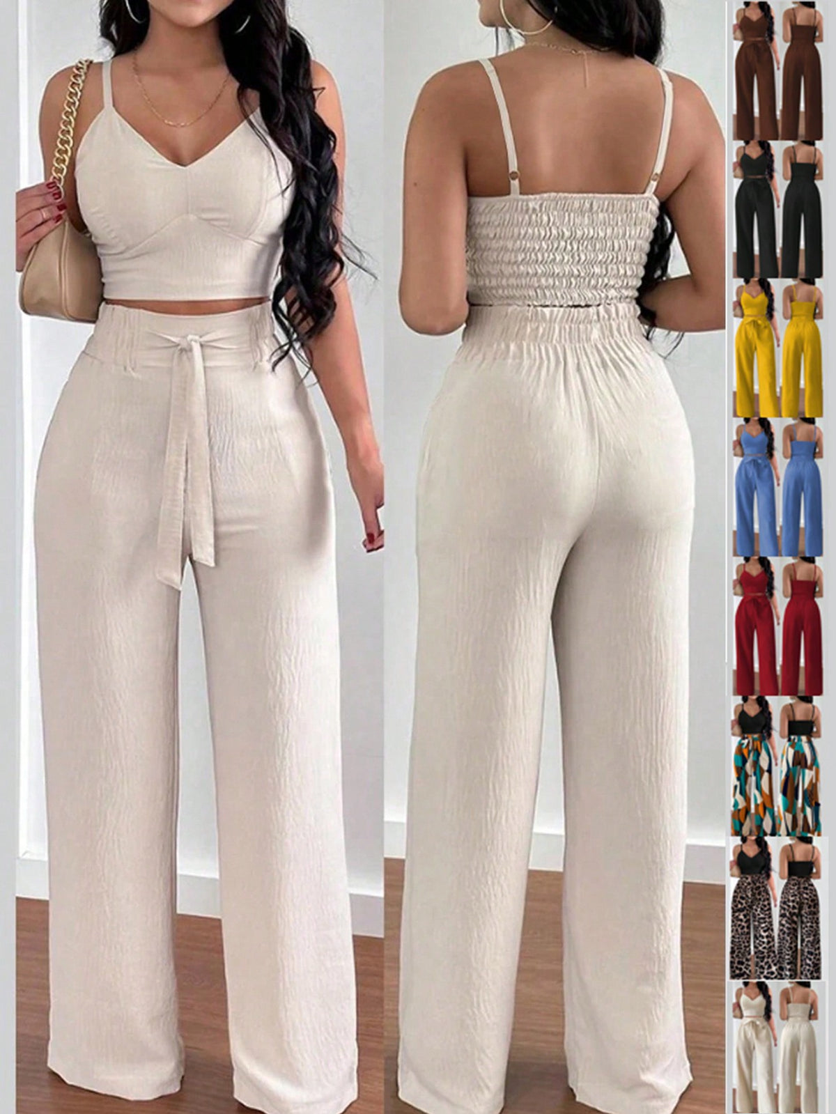 Breezaya Women'S Push-Up Bra Cup Strap Top with Bowknot, Elastic Straight Pants, Holiday 2Pcs Set