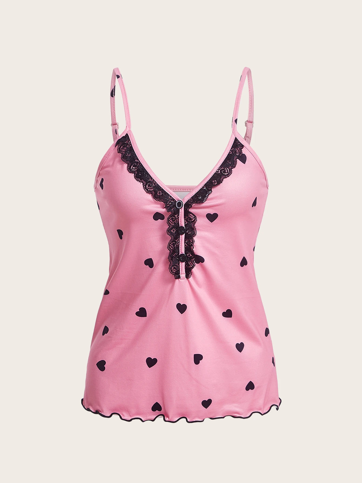 Dream Adore Heart Print Contrast Lace Bow Front Cami PJ Set / Pajama Set Bow Tie