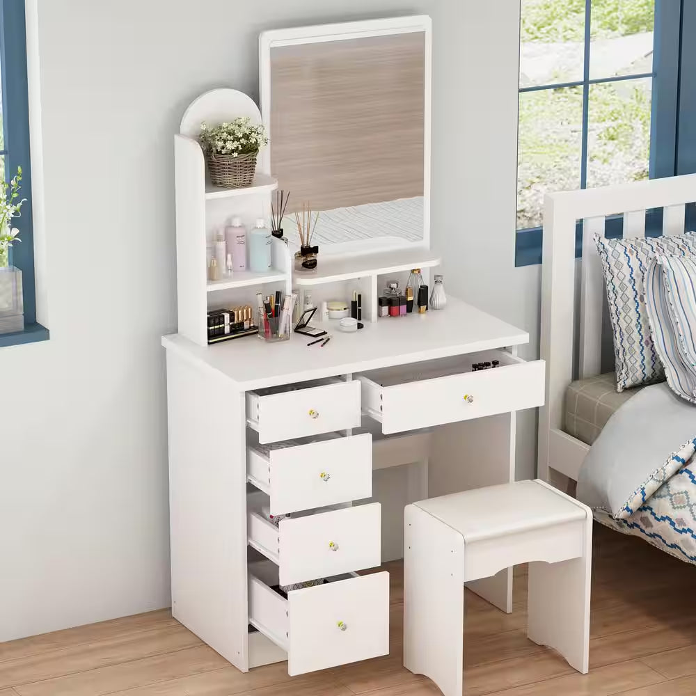 5-Drawer White Bedroom Makeup Vanity Table Wooden Dressing Desk with Mirror and 3-Tier Storage Shelves 55.1 X 31.5
