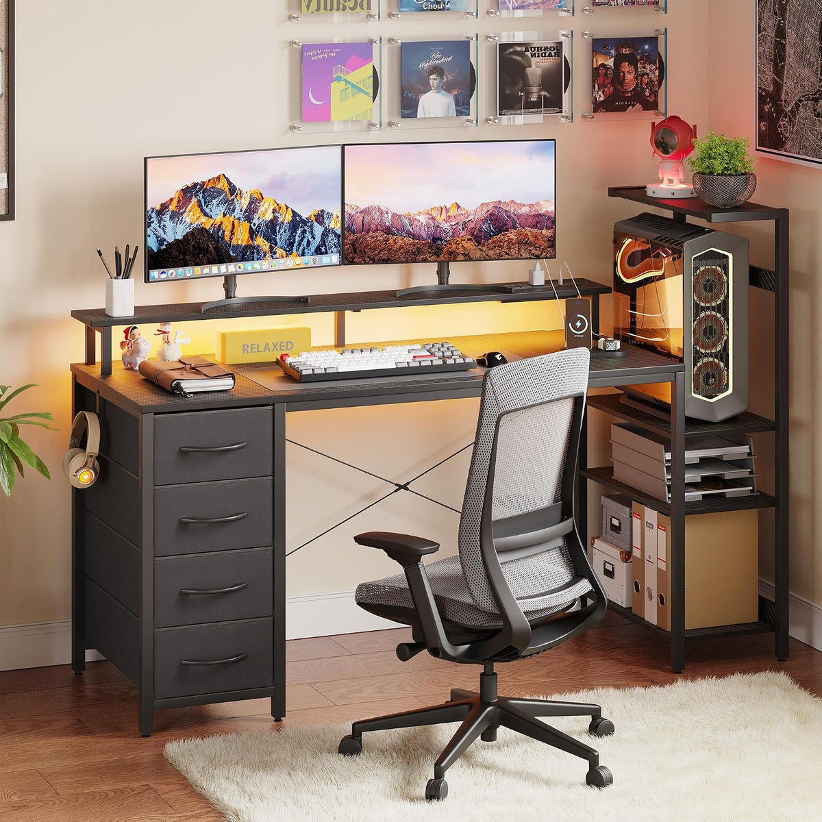 59 Inch Gaming Desk with Drawers & PC Tower Stand & LED Lights, Black