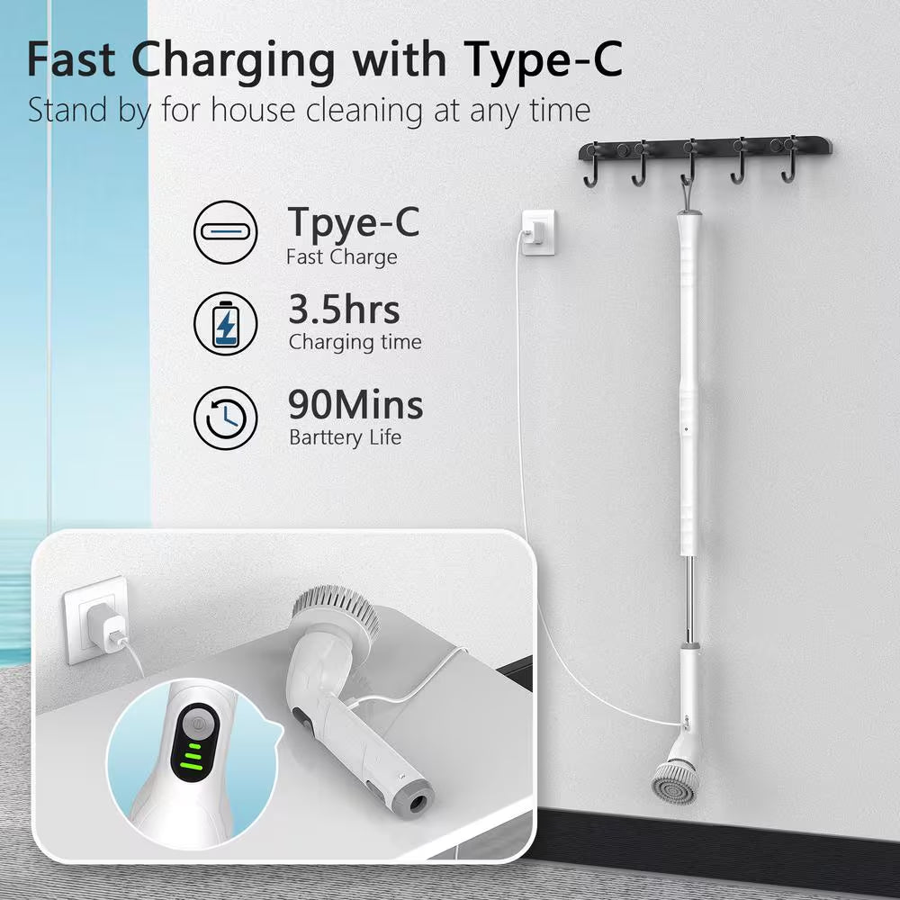 Electric Spin Power Scrubber, Waterpoof Cleaning Scrub Brush with 4 Brush Heads, Adjustable Handle for Bathroom, Floor