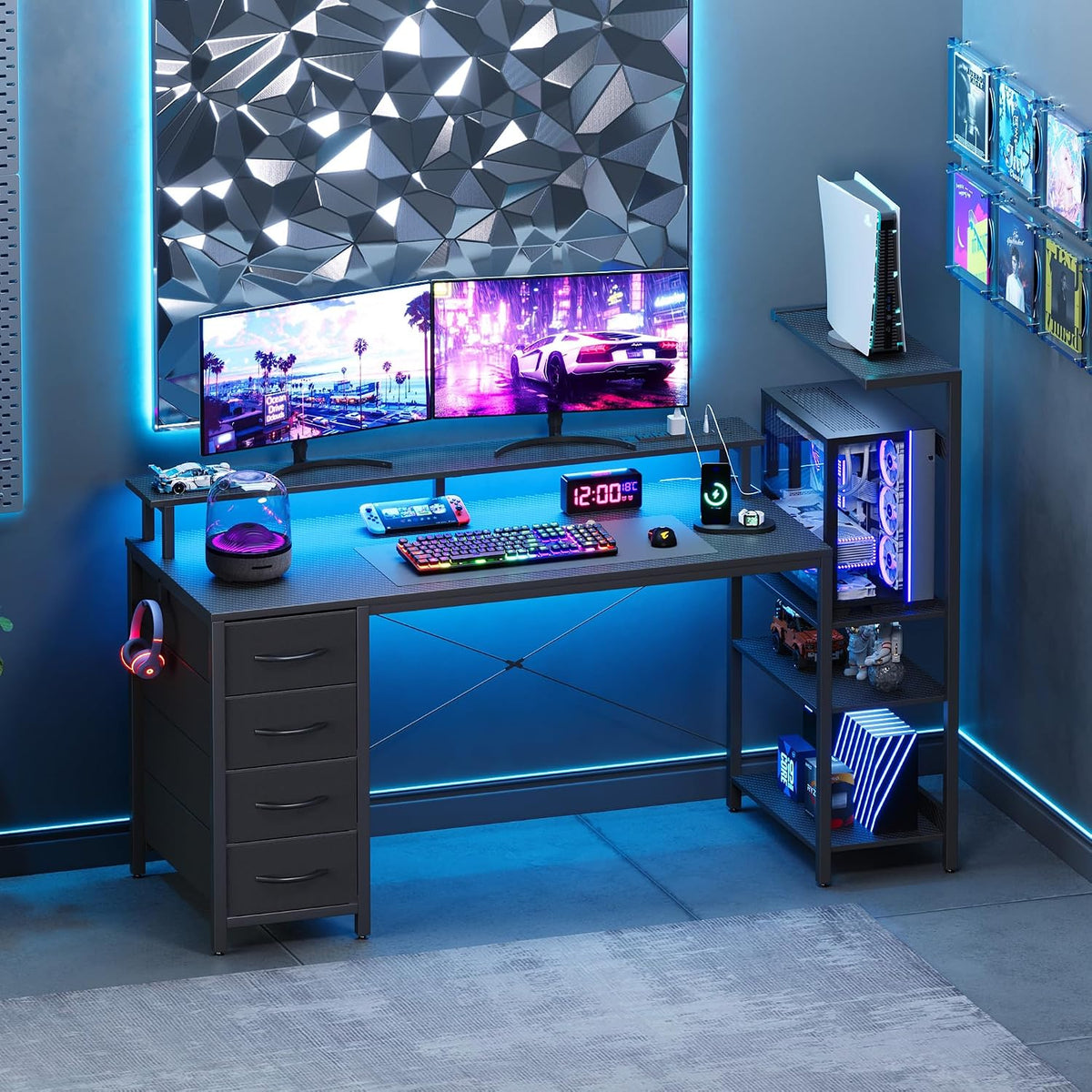 59 Inch Gaming Desk with Drawers & PC Tower Stand & LED Lights, Black