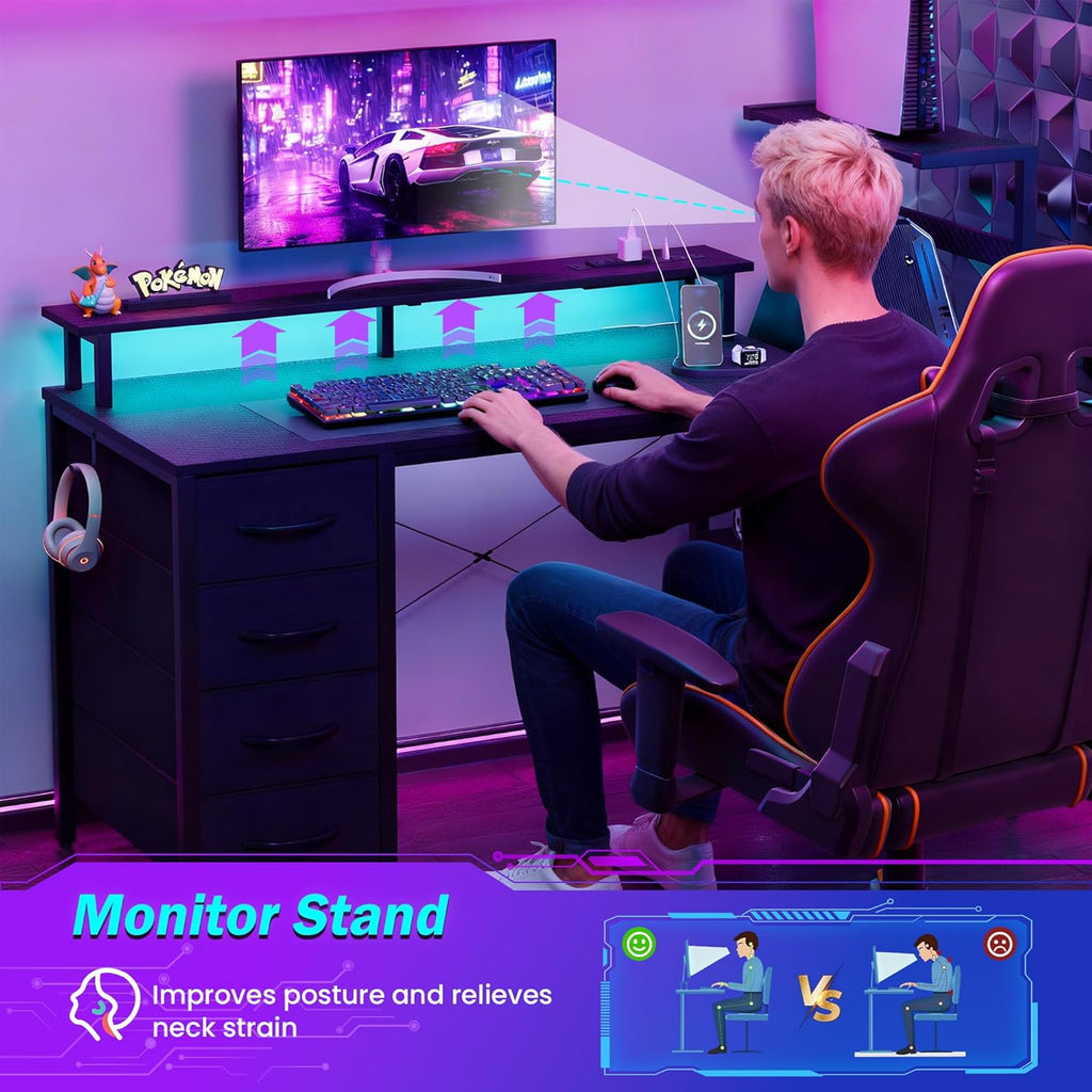 59 Inch Gaming Desk with Drawers & PC Tower Stand & LED Lights, Black