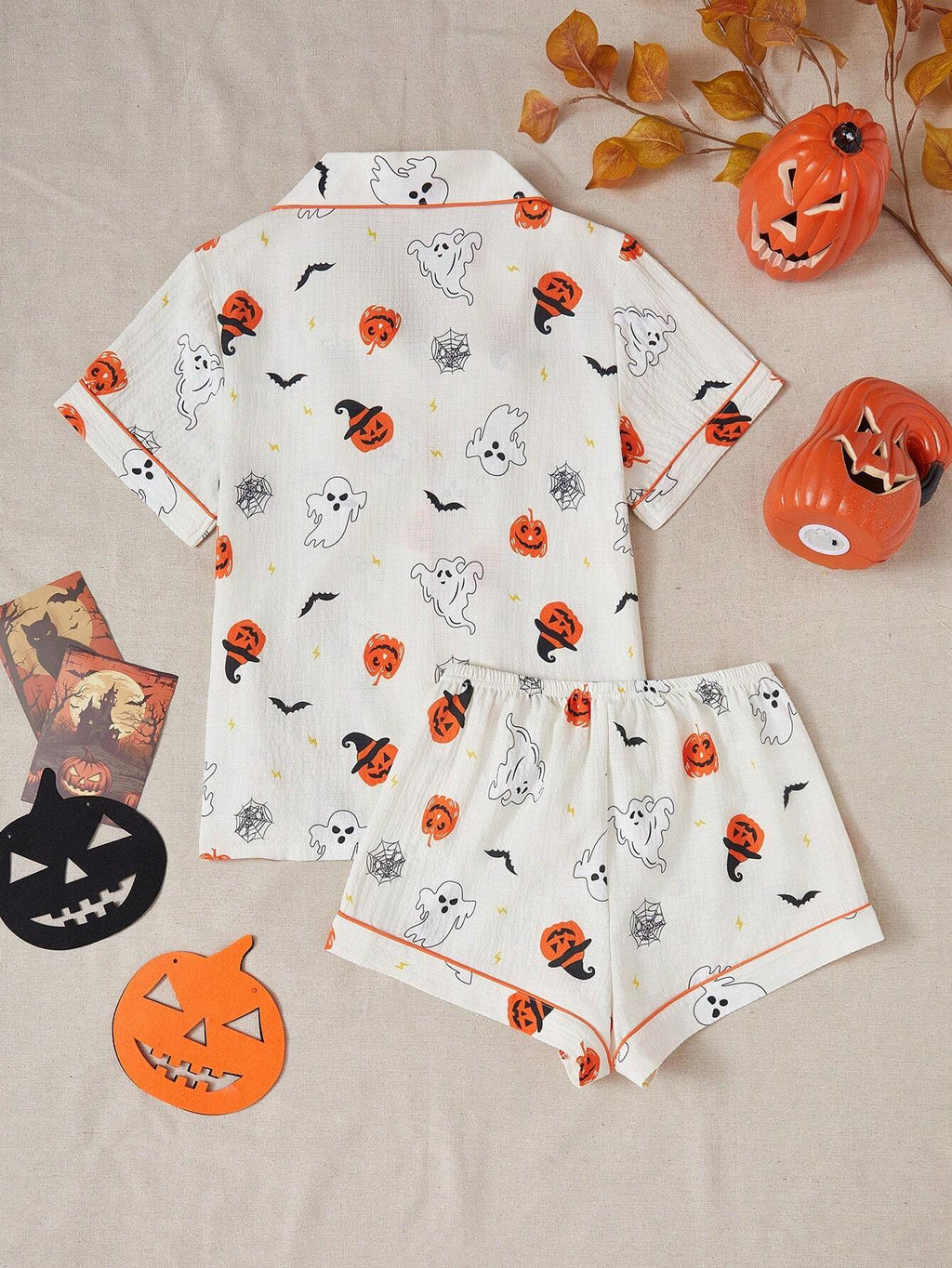 Halloween Pumpkin & Bat Print Lapel Short Sleeve Sleepwear Set