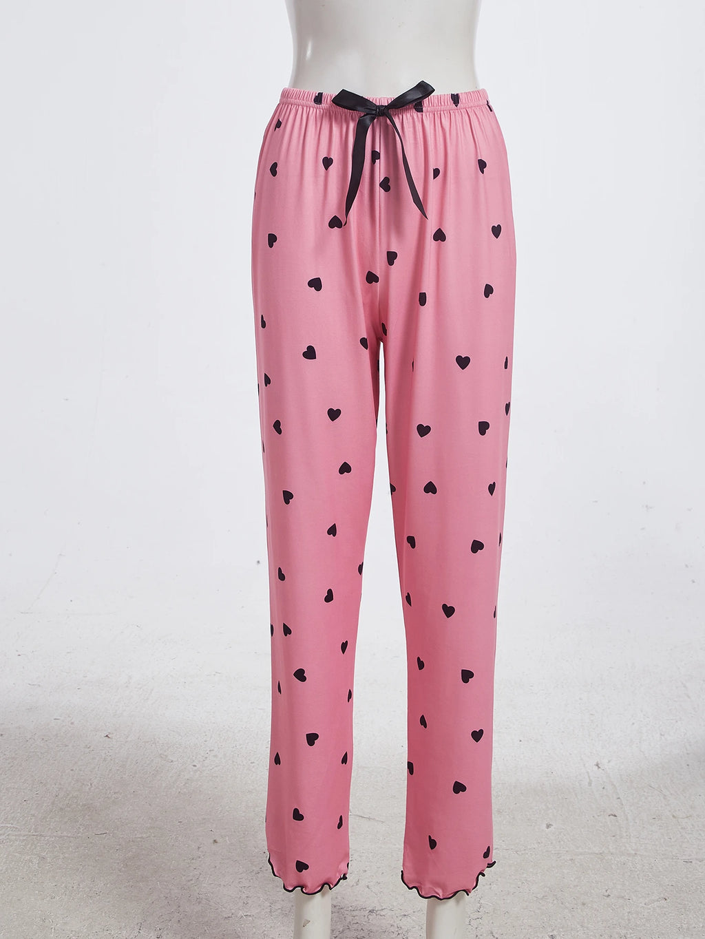 Dream Adore Heart Print Contrast Lace Bow Front Cami PJ Set / Pajama Set Bow Tie