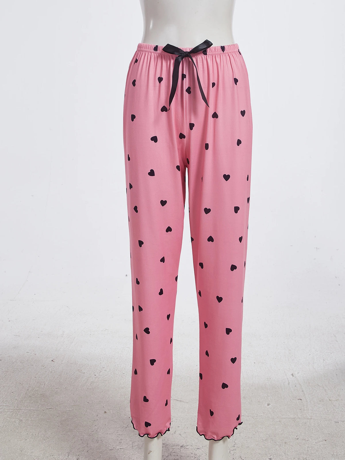 Dream Adore Heart Print Contrast Lace Bow Front Cami PJ Set / Pajama Set Bow Tie