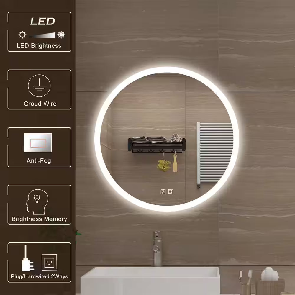 28 In. W X 28 In. H round Frameless LED Light with 3 Color and Anti-Fog Wall Mounted Bathroom Vanity Mirror