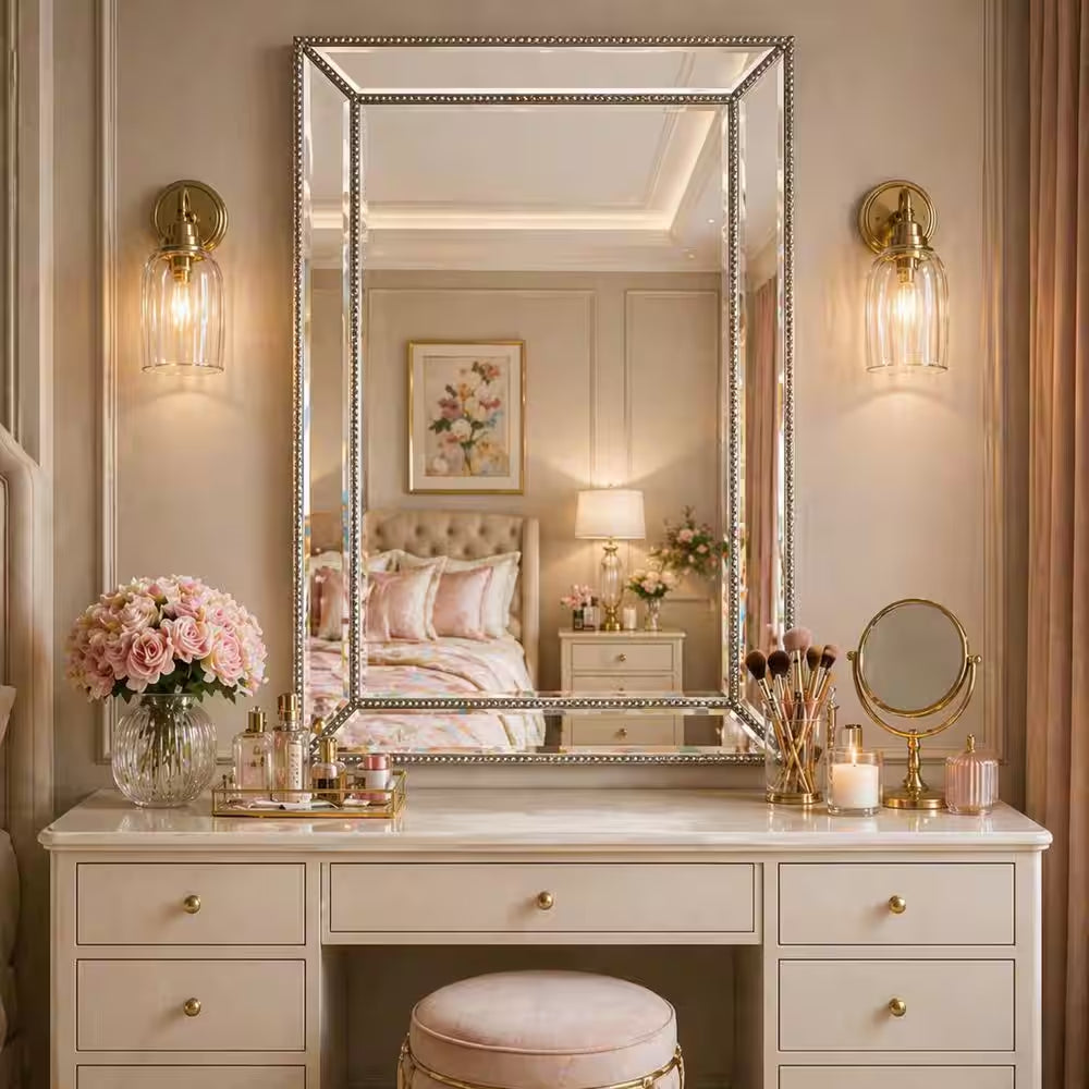 20 In. W X 32 In. H Framed Rectangular Beveled Edge Bathroom Vanity Mirror in Champagne Silver