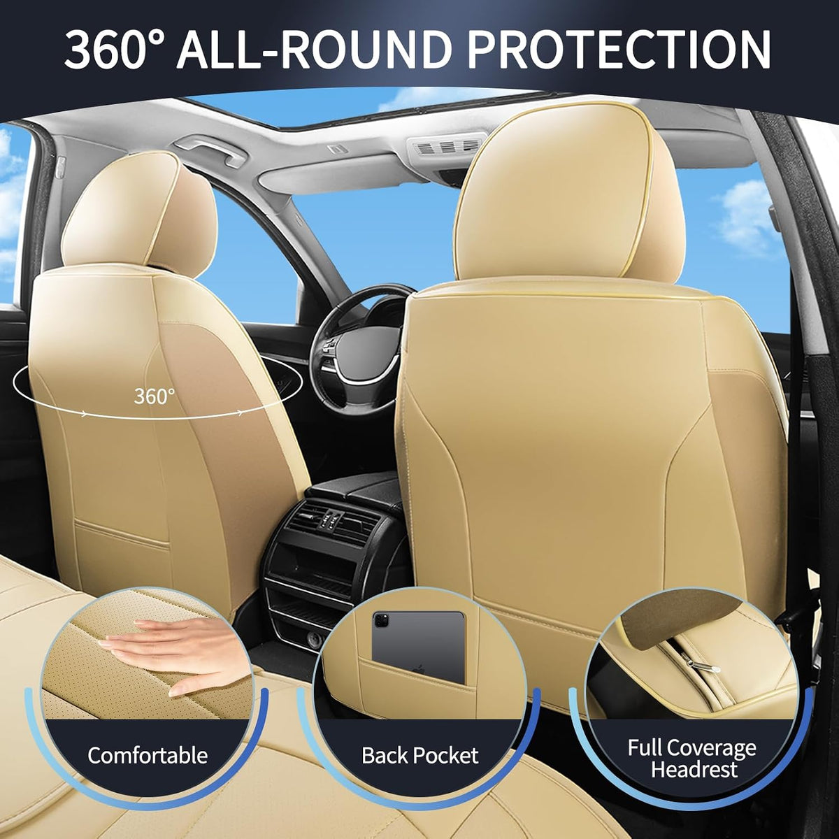 Elevate Your Ride with Luxurious Beige Faux Leather Car Seat Covers - Breathable, Waterproof, and Universal Fit for SUVs, Sedans, and Trucks