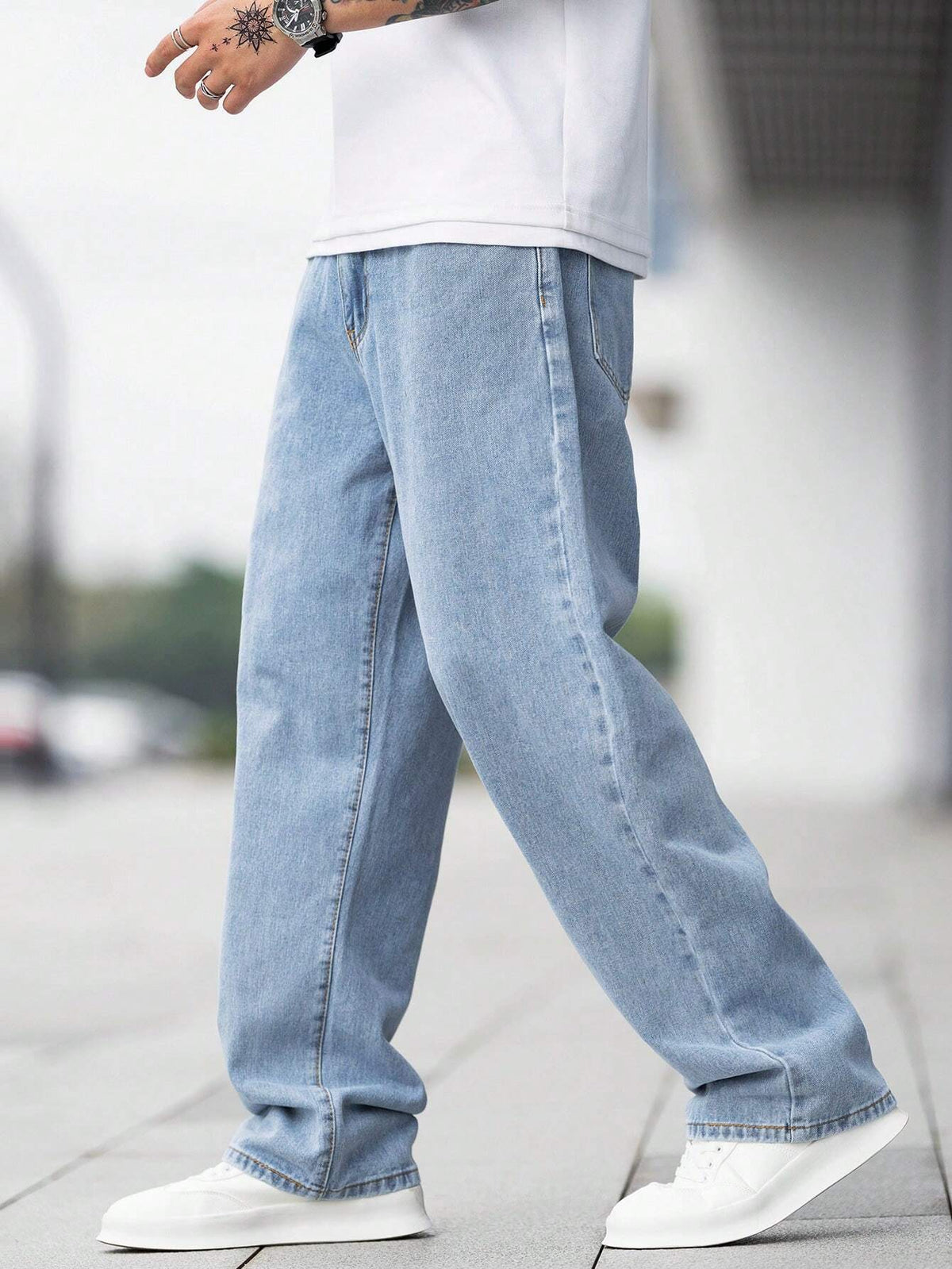 EGENSIO Men'S Loose Fit Cotton Jeans,Baggy Skater Jean with Slant Pockets,Aqua Blue Washed Denim,Summer Casual Streetwear,City Break Urban Y2K Cargo Pants