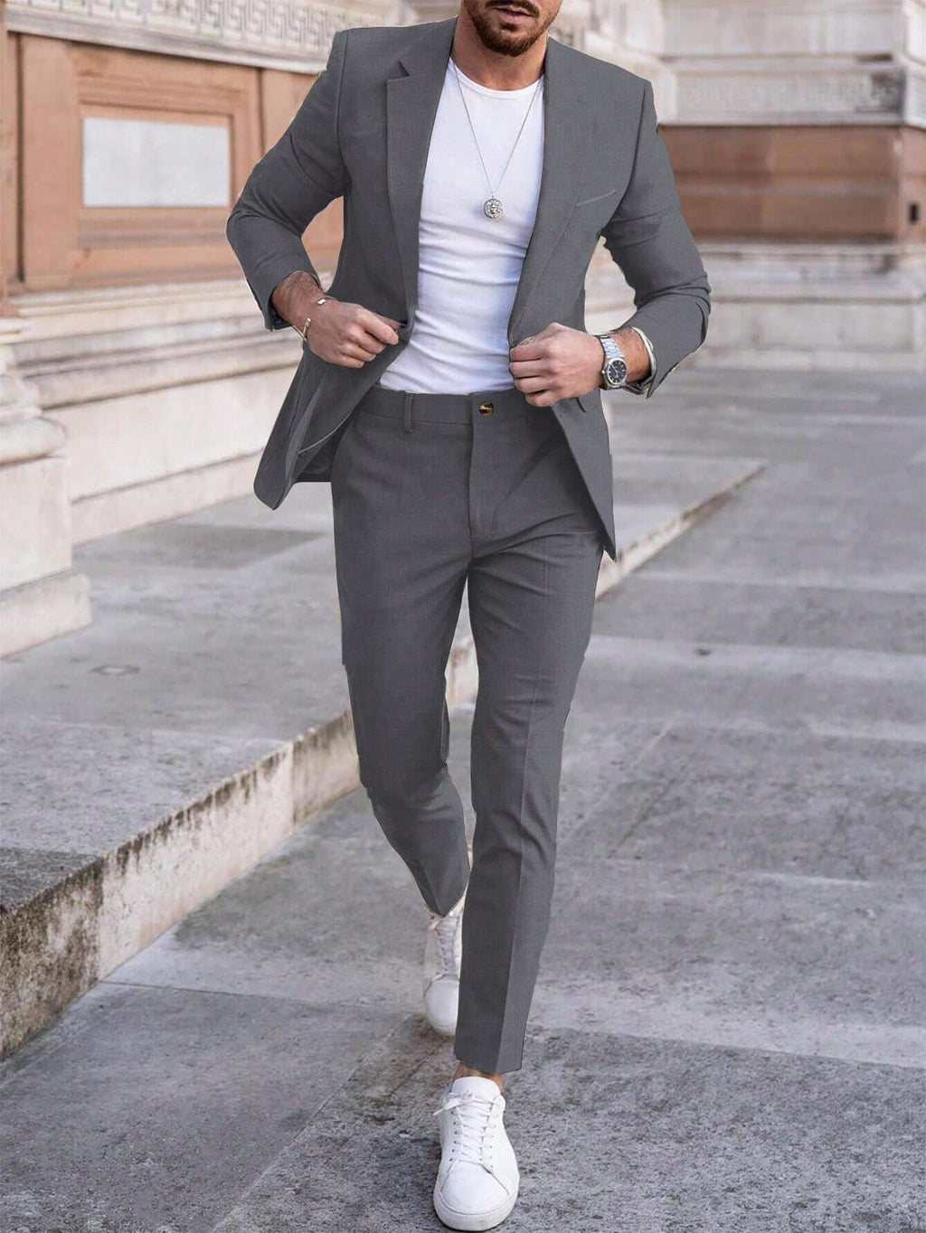Calvornis 2Pcs Men'S Solid Color Single-Breasted Blazer and Pants Suit Men Suit and Pants