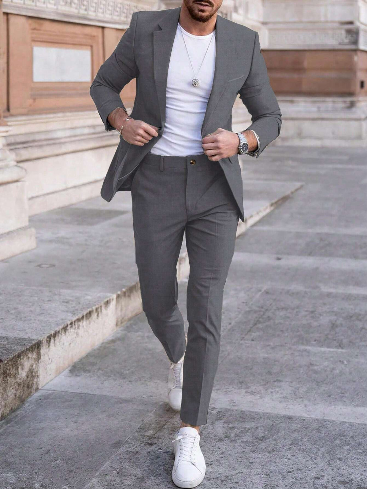 Calvornis 2Pcs Men'S Solid Color Single-Breasted Blazer and Pants Suit Men Suit and Pants