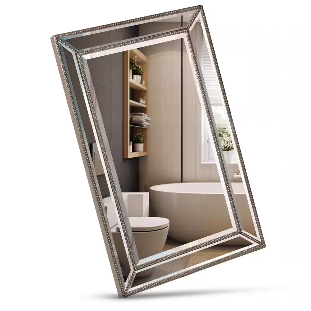 20 In. W X 32 In. H Framed Rectangular Beveled Edge Bathroom Vanity Mirror in Champagne Silver