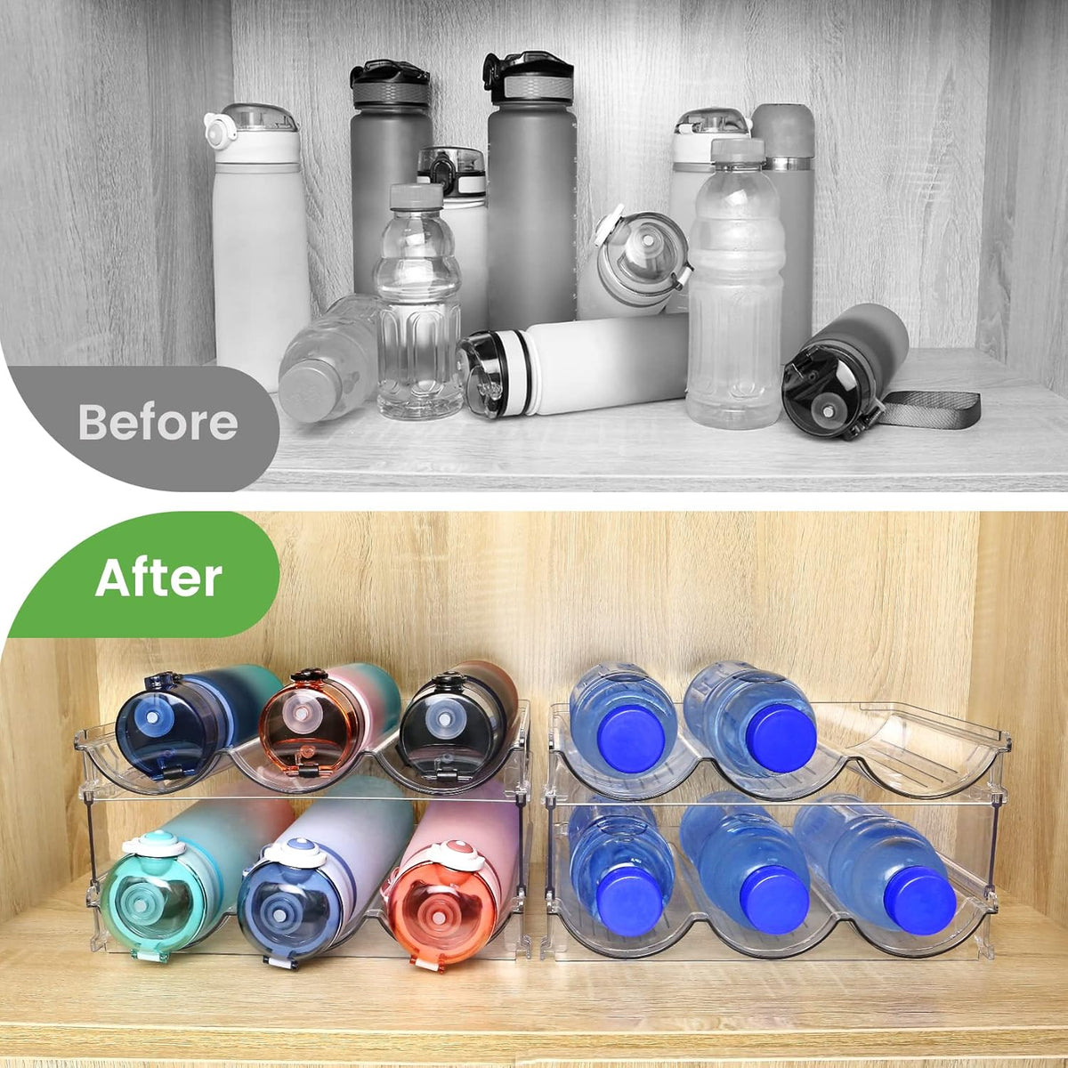 Versatile 2-Pack Water Bottle Organizer - Maximize Your Cabinet Space with Our Stackable Storage Solution