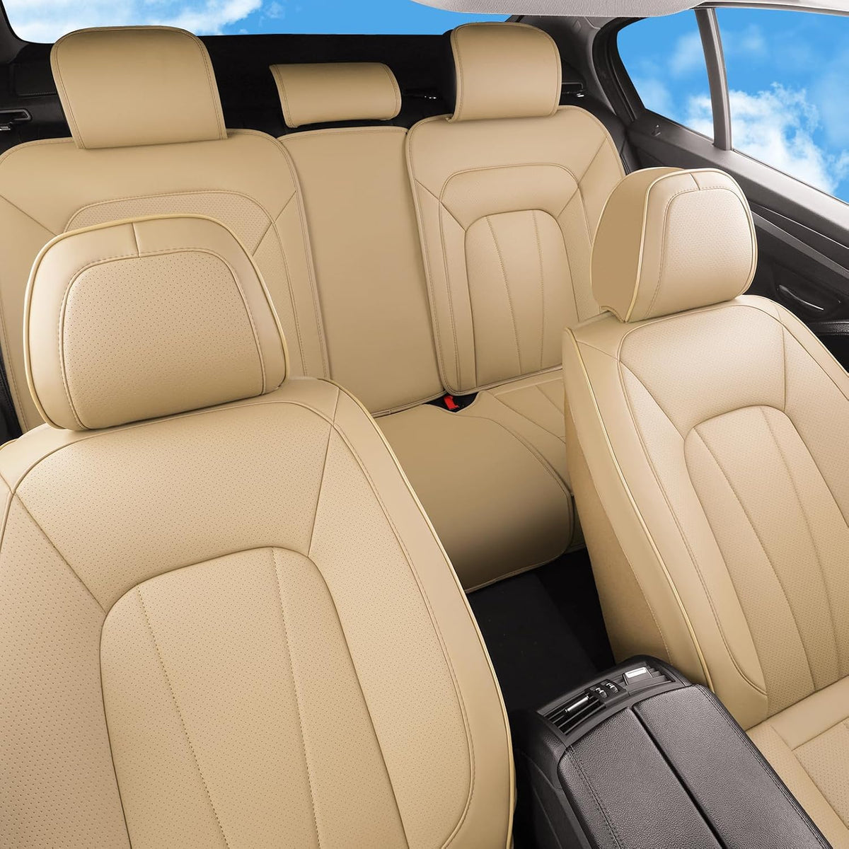Elevate Your Ride with Luxurious Beige Faux Leather Car Seat Covers - Breathable, Waterproof, and Universal Fit for SUVs, Sedans, and Trucks