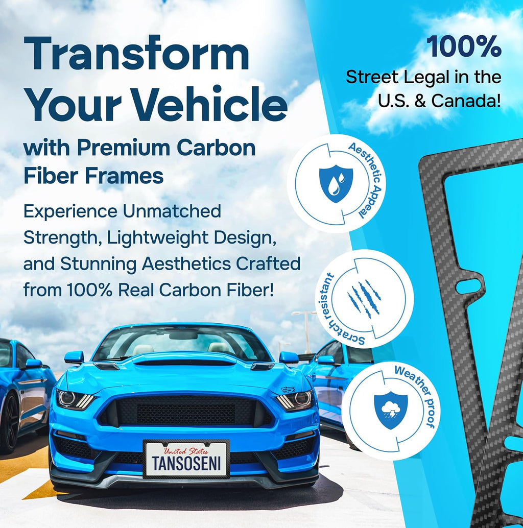 Anti Theft 100% Real Carbon Fiber License Plate Frame Holder, Black Licence Plate Car Tag Frame 6″×12″ Rust-Proof, Rattle-Proof & Lightweight, Universal Fit Complete Hardware (2-Pack 2-Hole)
