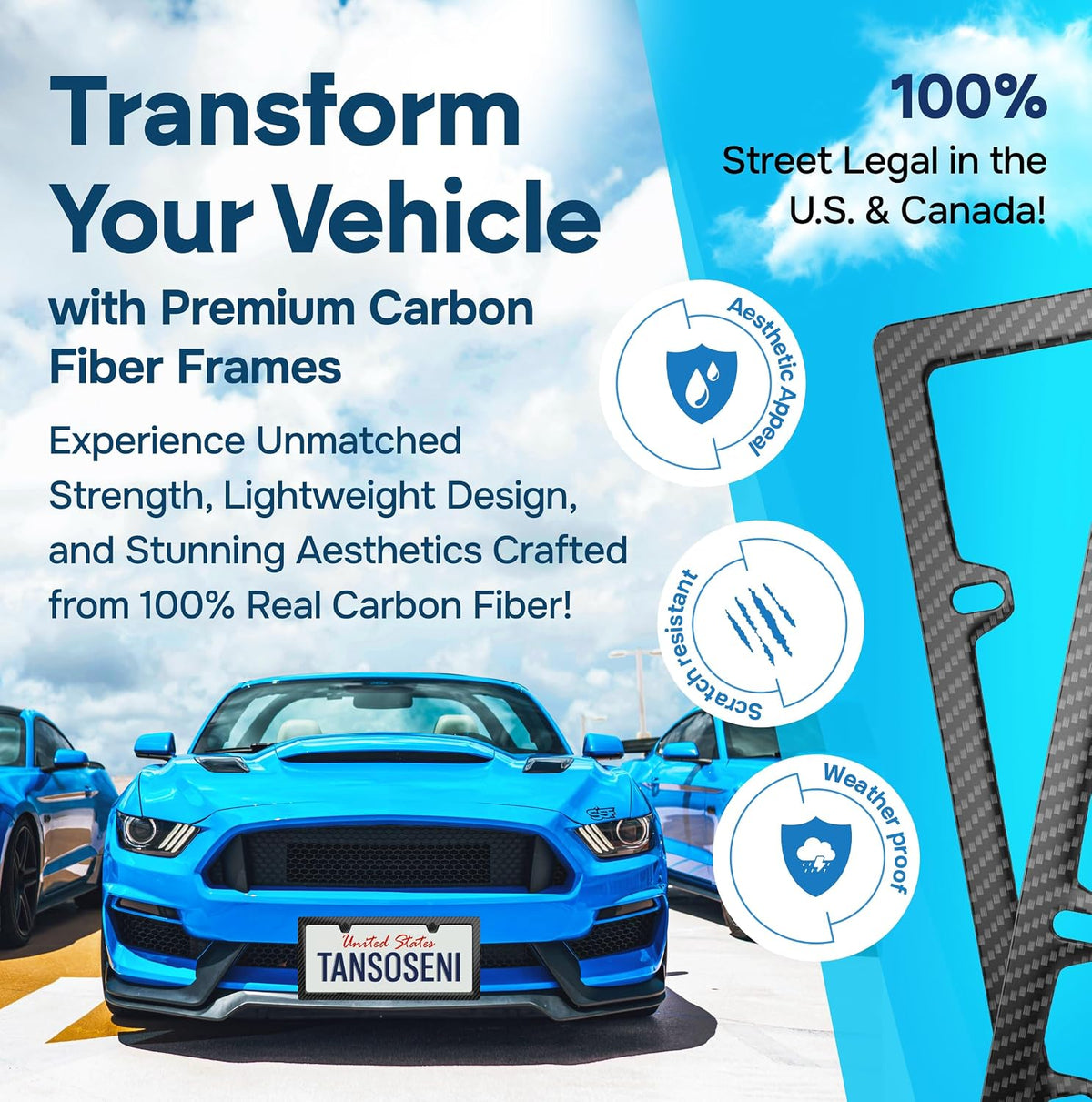 Anti Theft 100% Real Carbon Fiber License Plate Frame Holder, Black Licence Plate Car Tag Frame 6″×12″ Rust-Proof, Rattle-Proof & Lightweight, Universal Fit Complete Hardware (2-Pack 2-Hole)