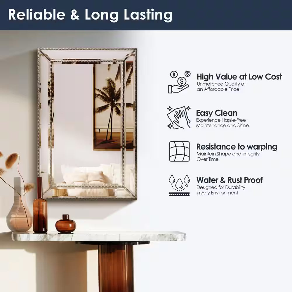 20 In. W X 32 In. H Framed Rectangular Beveled Edge Bathroom Vanity Mirror in Champagne Silver