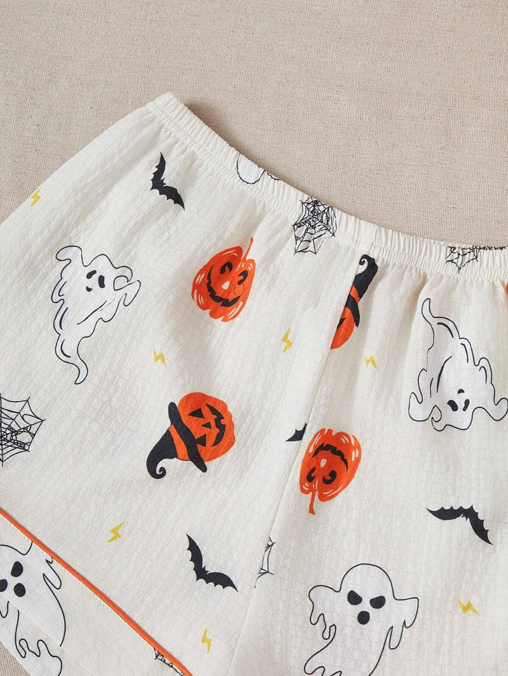 Halloween Pumpkin & Bat Print Lapel Short Sleeve Sleepwear Set
