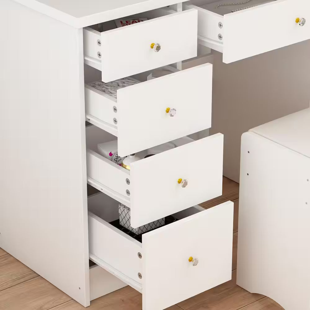 5-Drawer White Bedroom Makeup Vanity Table Wooden Dressing Desk with Mirror and 3-Tier Storage Shelves 55.1 X 31.5