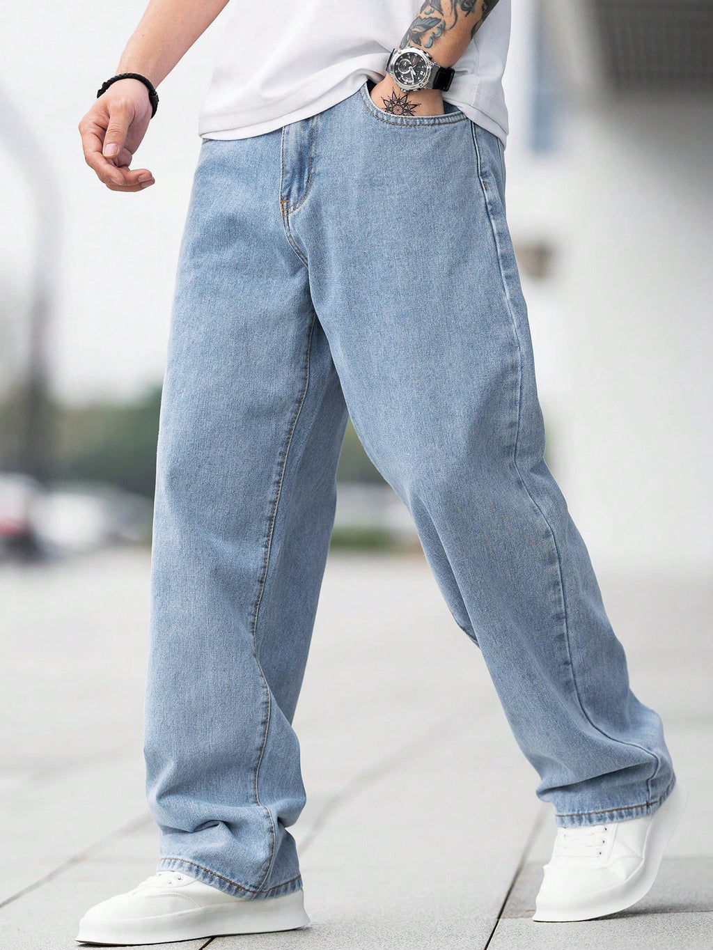 EGENSIO Men'S Loose Fit Cotton Jeans,Baggy Skater Jean with Slant Pockets,Aqua Blue Washed Denim,Summer Casual Streetwear,City Break Urban Y2K Cargo Pants