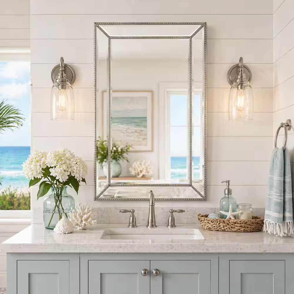 20 In. W X 32 In. H Framed Rectangular Beveled Edge Bathroom Vanity Mirror in Champagne Silver
