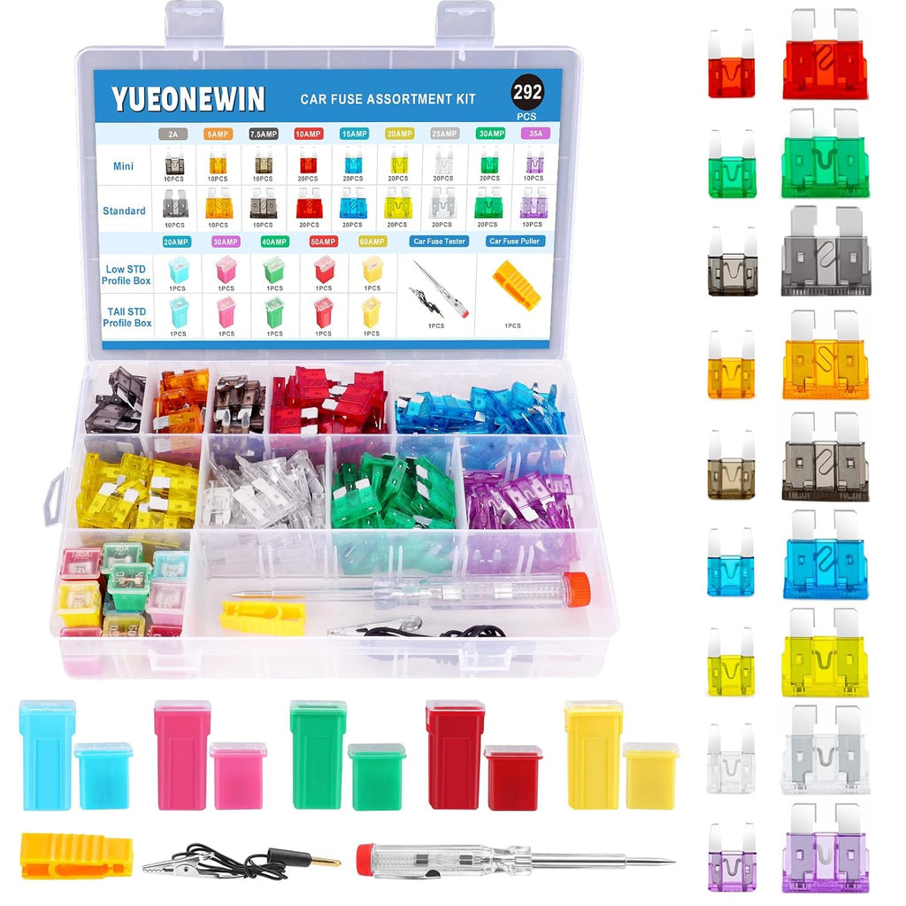 Car Fuse Assortment Kit, 292 Pcs Standard & Mini Blade Fuses, Tall/Std & Low Profile Jcase Box Shaped Fuses with Fuse Tester and Puller Fuses Automotive Assortment Kit for Trucks, Cars and SUV, Boat