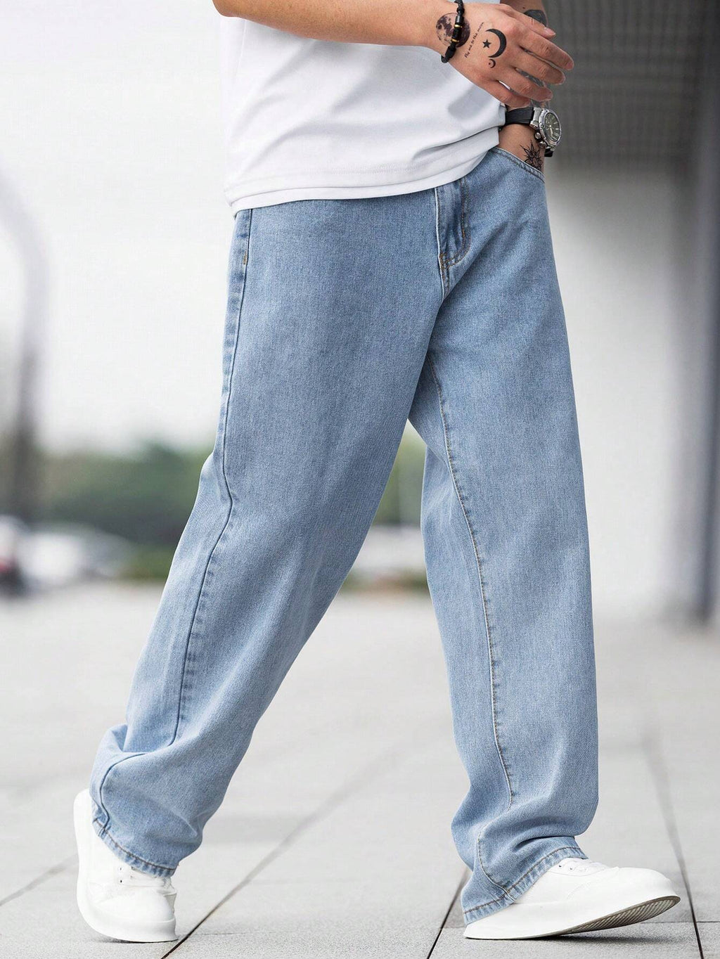 EGENSIO Men'S Loose Fit Cotton Jeans,Baggy Skater Jean with Slant Pockets,Aqua Blue Washed Denim,Summer Casual Streetwear,City Break Urban Y2K Cargo Pants
