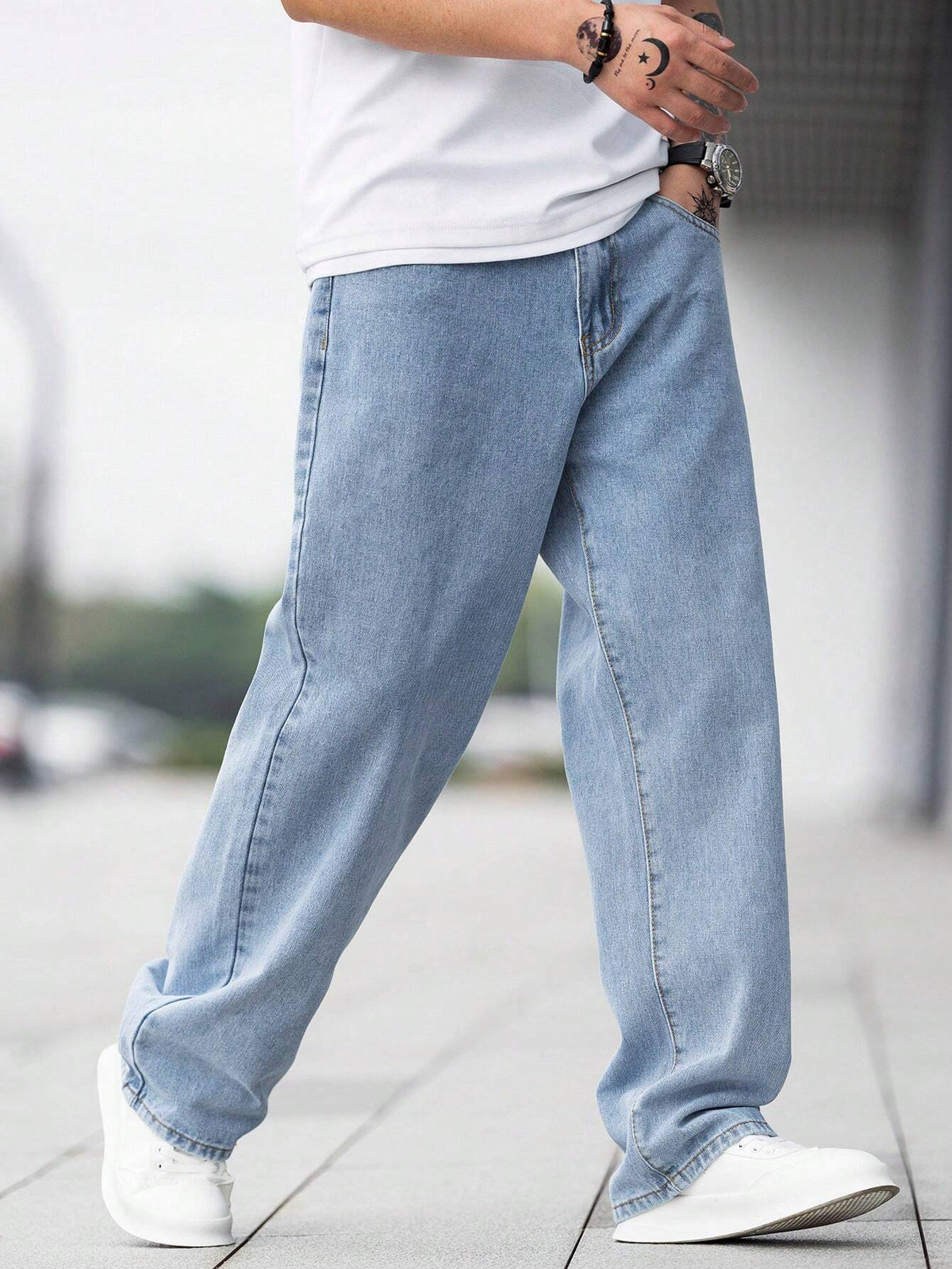 EGENSIO Men'S Loose Fit Cotton Jeans,Baggy Skater Jean with Slant Pockets,Aqua Blue Washed Denim,Summer Casual Streetwear,City Break Urban Y2K Cargo Pants