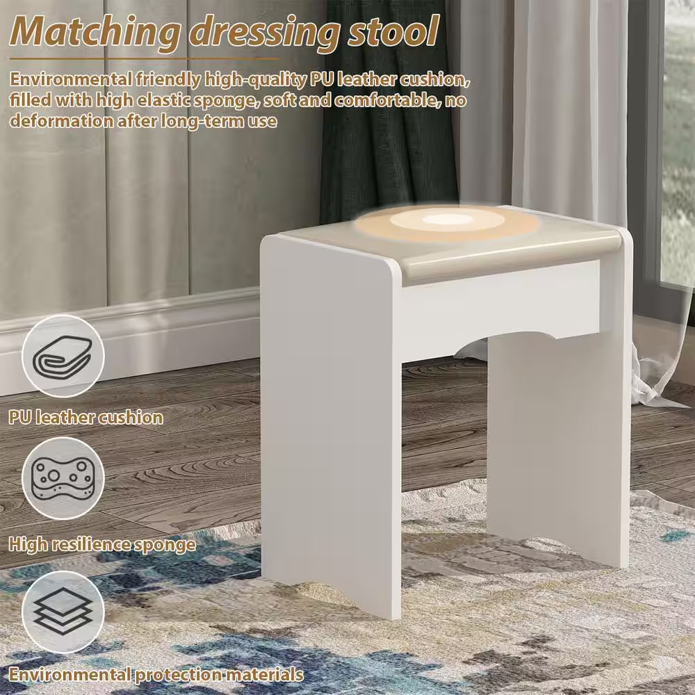5-Drawer White Bedroom Makeup Vanity Table Wooden Dressing Desk with Mirror and 3-Tier Storage Shelves 55.1 X 31.5