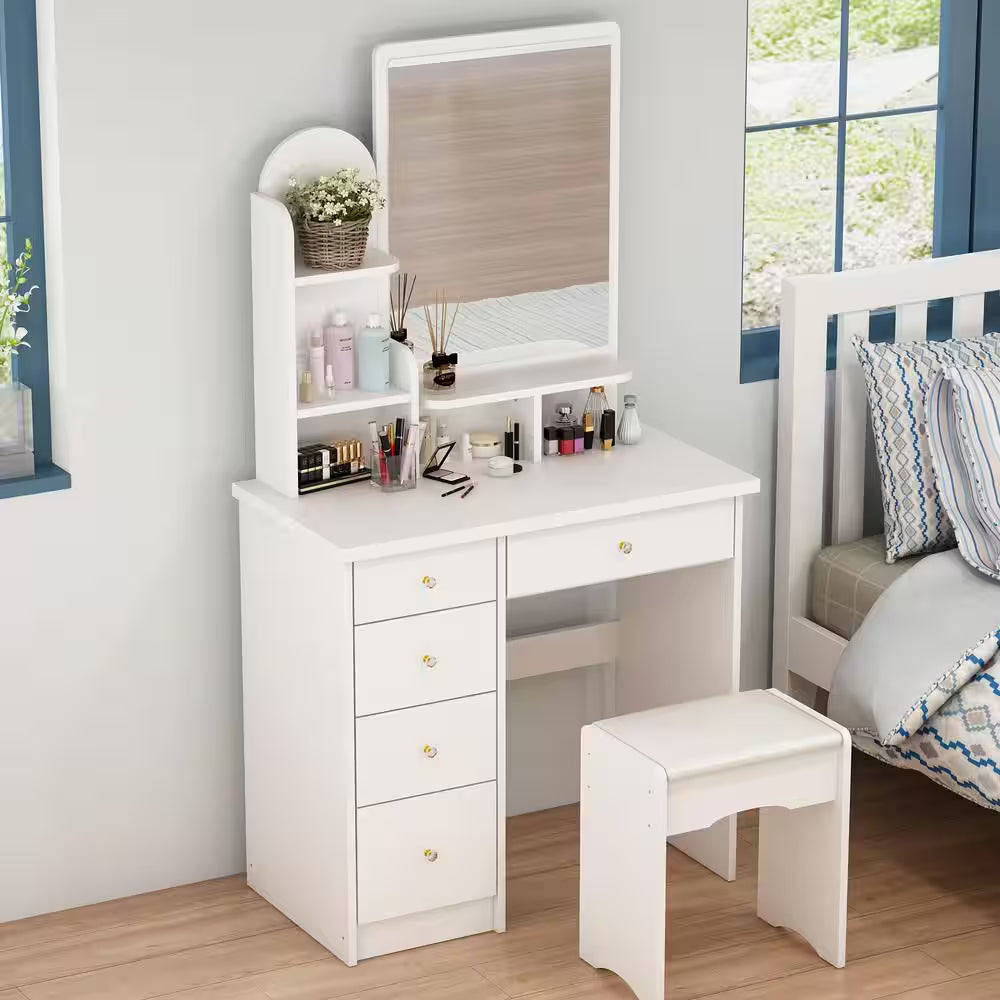 5-Drawer White Bedroom Makeup Vanity Table Wooden Dressing Desk with Mirror and 3-Tier Storage Shelves 55.1 X 31.5