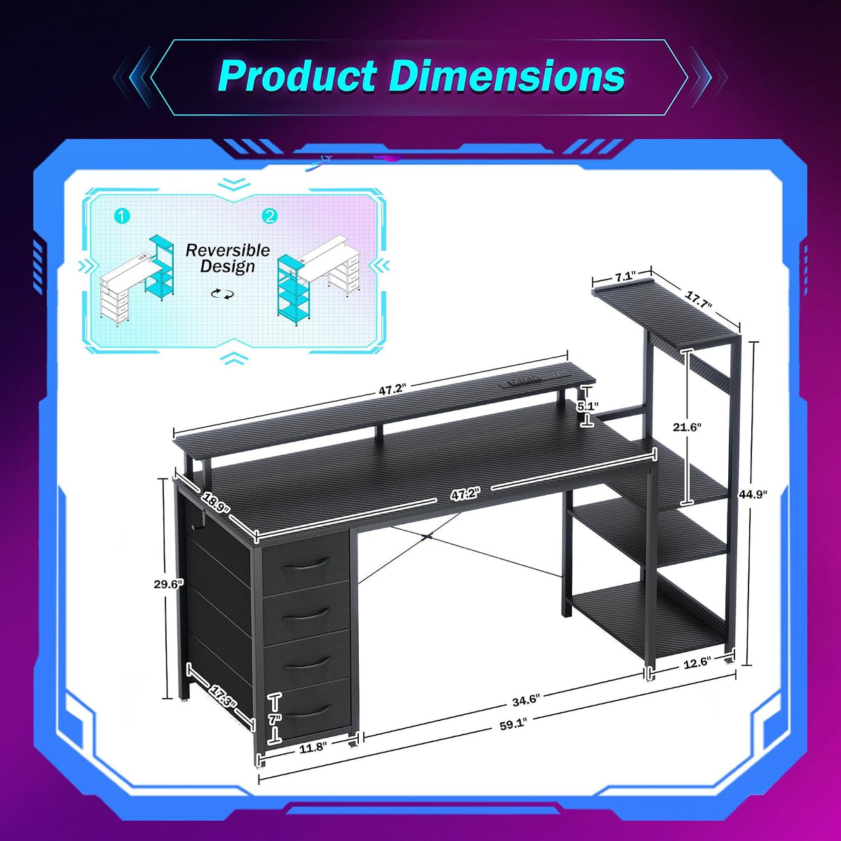59 Inch Gaming Desk with Drawers & PC Tower Stand & LED Lights, Black