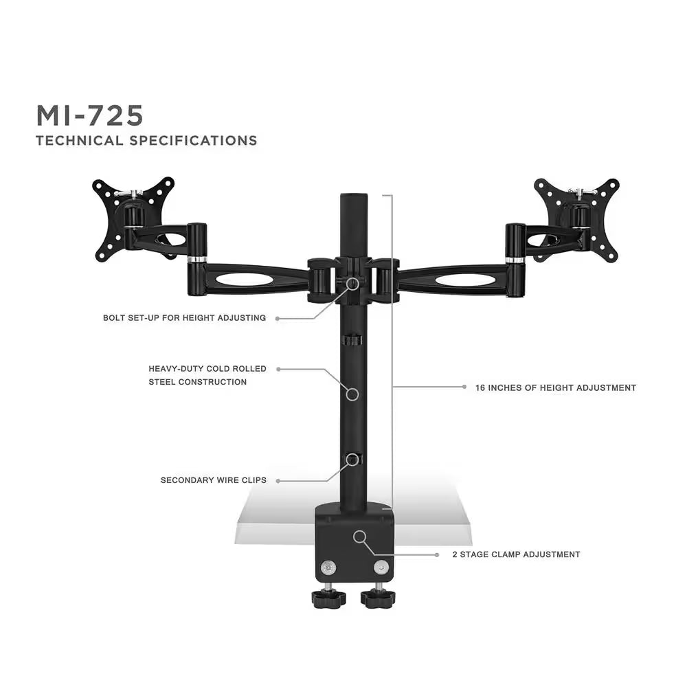 Full Motion Dual Computer Monitor Desk Mount for Screens up to 27 In.