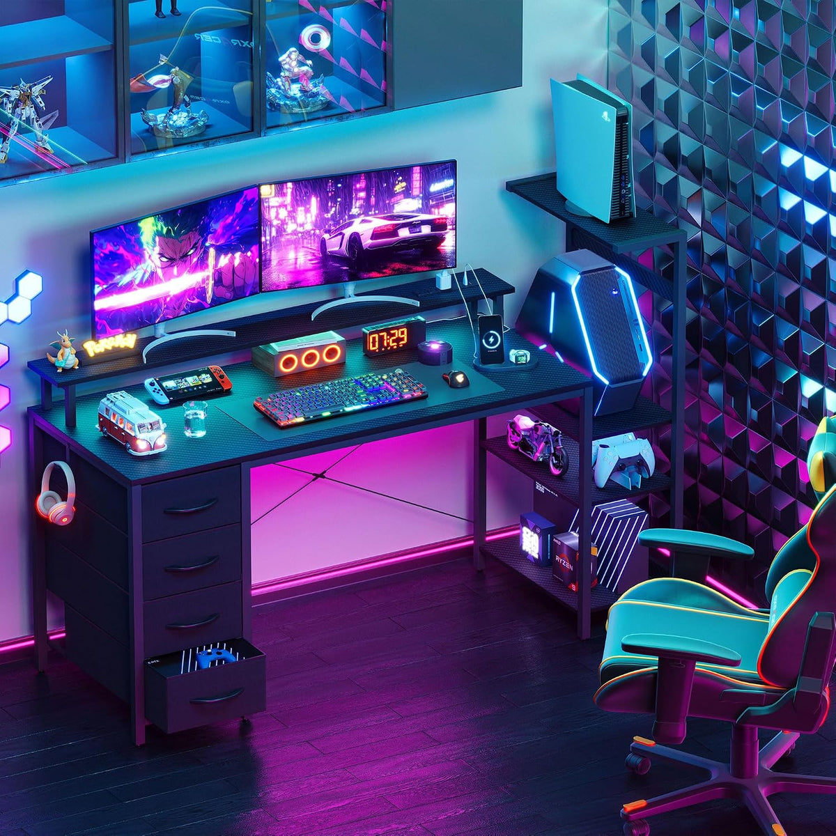 59 Inch Gaming Desk with Drawers & PC Tower Stand & LED Lights, Black