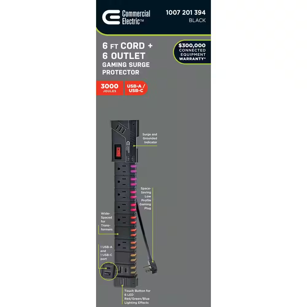 6 Ft. 6-Outlet RGB Gaming Surge Protector with 1 USB-A and 1 USB-C, Black