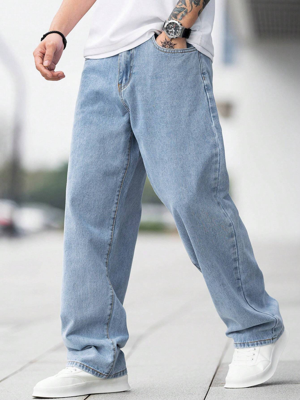 EGENSIO Men'S Loose Fit Cotton Jeans,Baggy Skater Jean with Slant Pockets,Aqua Blue Washed Denim,Summer Casual Streetwear,City Break Urban Y2K Cargo Pants