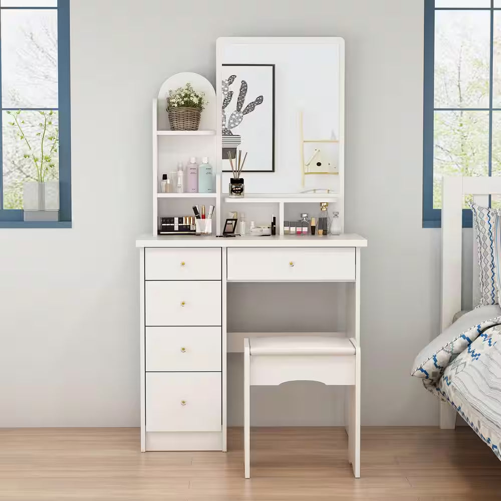 5-Drawer White Bedroom Makeup Vanity Table Wooden Dressing Desk with Mirror and 3-Tier Storage Shelves 55.1 X 31.5