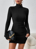 Frenchy Turtleneck Ruched Detail Bodycon Dress Winter Party Black Black Spring