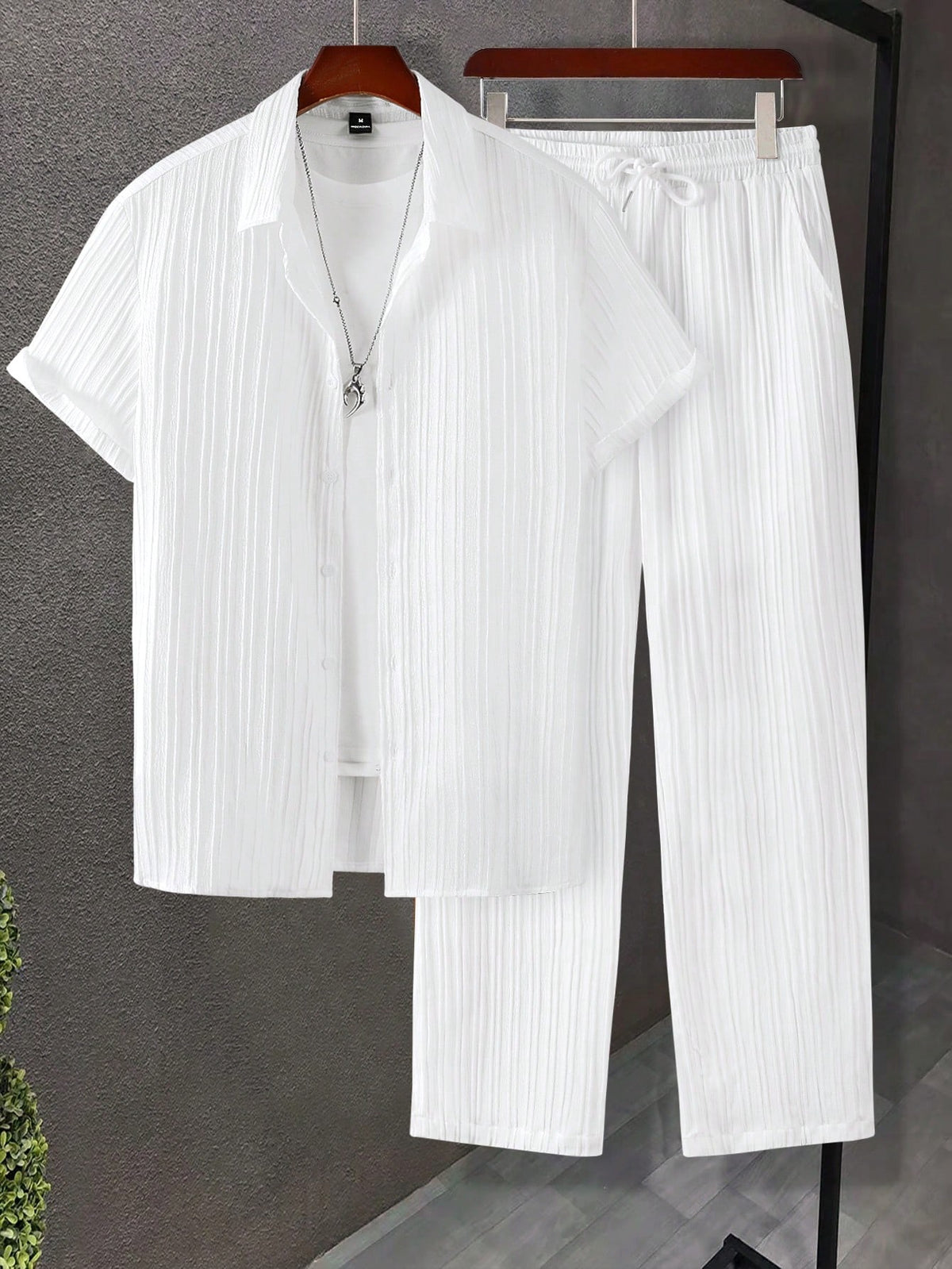 Manfinity Homme Men Solid Button up Shirt & Drawstring Waist Pants without Tee, Cozy Outfits, Formal