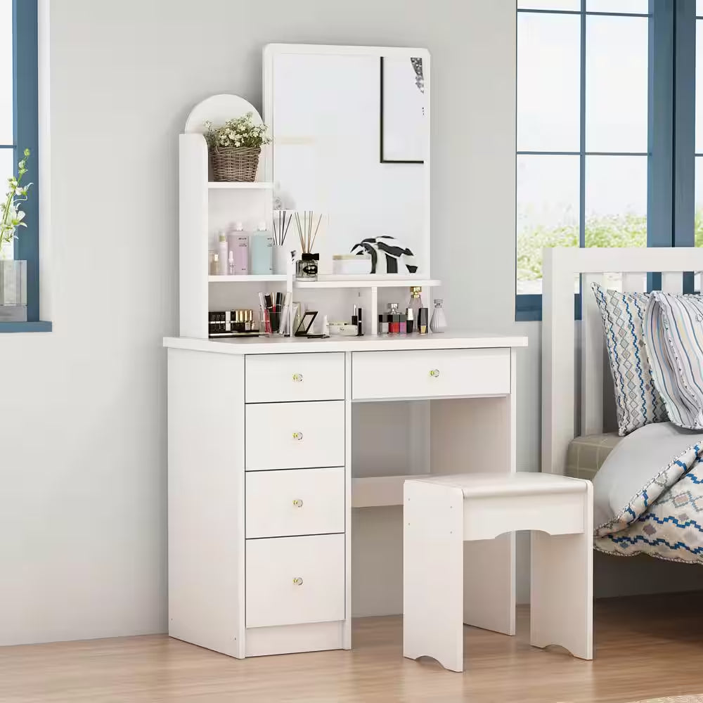 5-Drawer White Bedroom Makeup Vanity Table Wooden Dressing Desk with Mirror and 3-Tier Storage Shelves 55.1 X 31.5