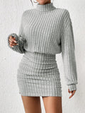 Frenchy Turtleneck Drop Shoulder Ruched Bodycon Textured Fabric Dress Winter Casual
