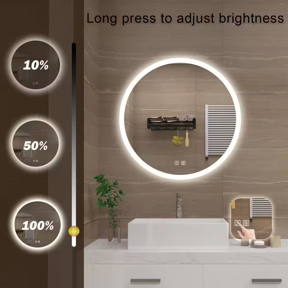 28 In. W X 28 In. H round Frameless LED Light with 3 Color and Anti-Fog Wall Mounted Bathroom Vanity Mirror