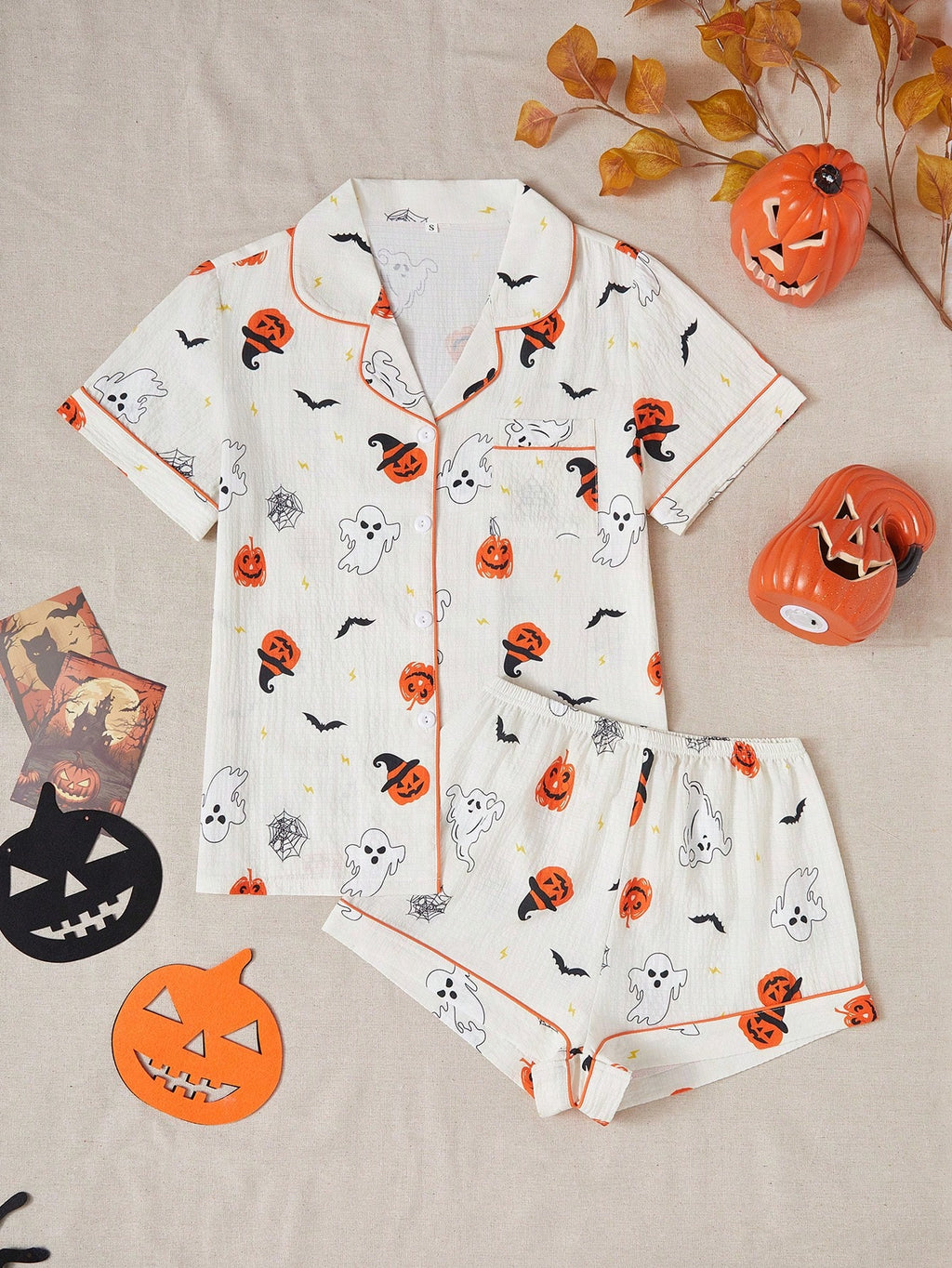 Halloween Pumpkin & Bat Print Lapel Short Sleeve Sleepwear Set