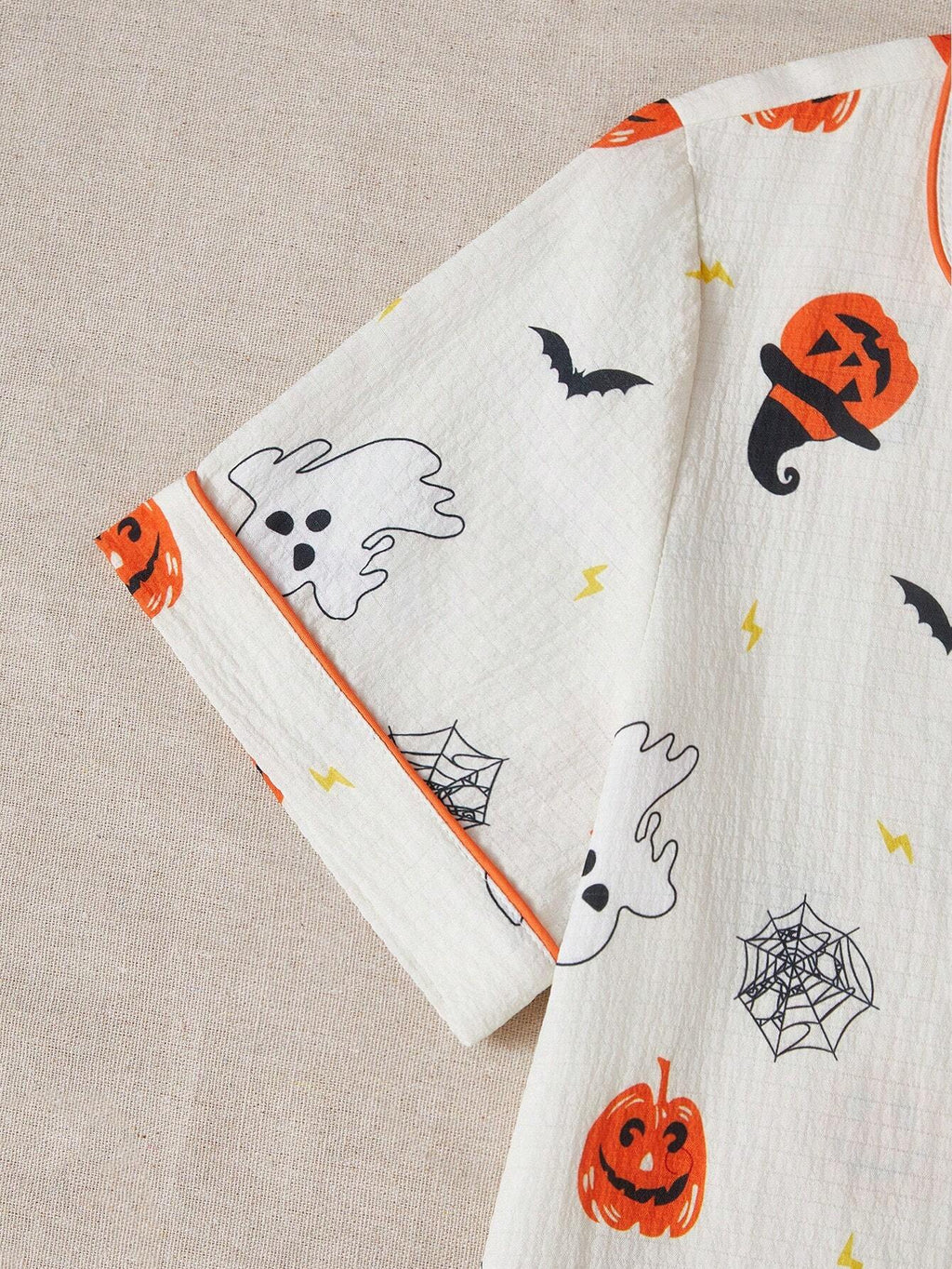 Halloween Pumpkin & Bat Print Lapel Short Sleeve Sleepwear Set