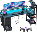 59 Inch Gaming Desk with Drawers & PC Tower Stand & LED Lights, Black