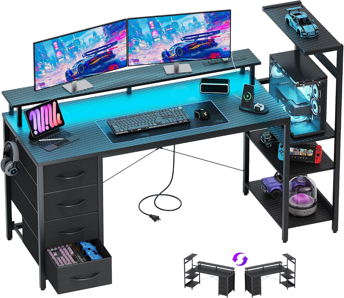 59 Inch Gaming Desk with Drawers & PC Tower Stand & LED Lights, Black