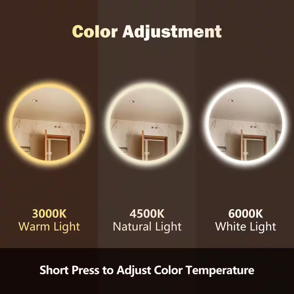 28 In. W X 28 In. H round Frameless LED Light with 3 Color and Anti-Fog Wall Mounted Bathroom Vanity Mirror